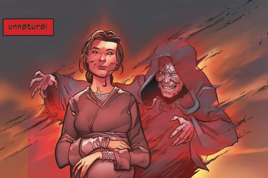 Palpatine using the force on Shmi Skywalker in a vision from Darth Vader comicIssue 25